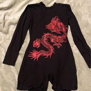 Black Long Sleeve Bodysuit with Red Dragon Design